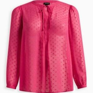 Torrid Cute Pink Chiffon Clip Dot Blouse Size 2 (2X) Semi-Sheer Plus Size Top